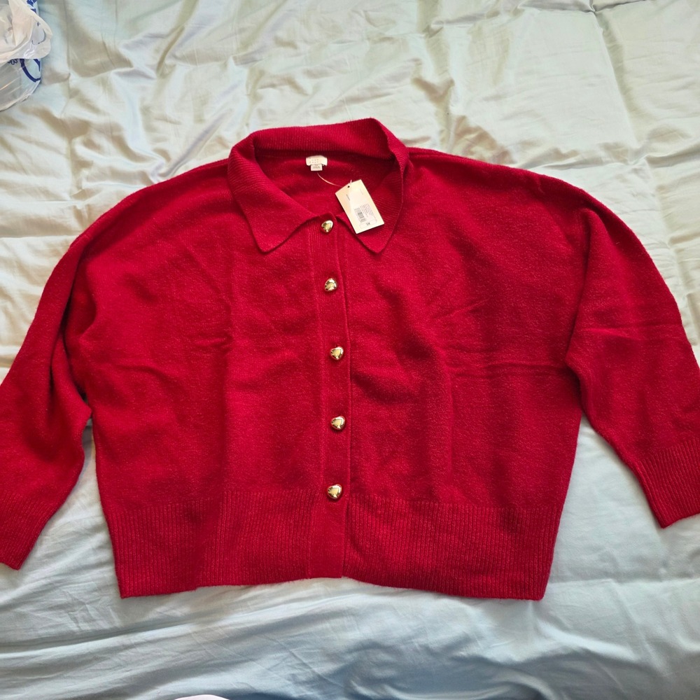 A New Day Red Cardigan Sweater Plus Size 3X Heart Gold Buttons Collared Knit